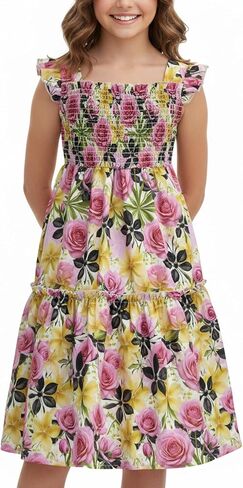 Floral Girls Dresses Square Neck Ruffle Sleeve Smocked Boho Tiered Flowy Dress in Saudi Arabia