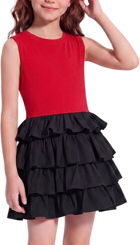 Girls Summer Clothes Girls' Dresses Cute Sleeveless Tiered Ruffle Casual Cake Dress 4-12Y Party Dance & Daily Wear in Kuwait