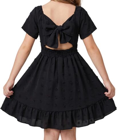 Noubeau Girls Summer Dress Tween Kids Short Sleeve Tie Back Off Shoulder Elegant Dresses 4-14 Years in Kuwait