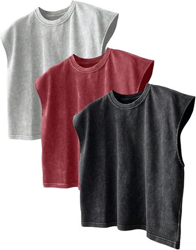 VIPWOLF Men's 3 Packs Basic Tank Tops Vintage Summer Casual Sleeveless Acid Wash Tshirts Streetwear in Kuwait