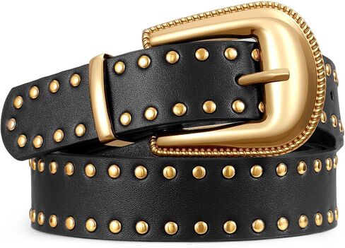 JASGOOD Women Leather Belt with Gold Buckle Western Studded Belts for Jeans Ladies Cowgirl Punk Waist Belts 1.1" Width in Kuwait