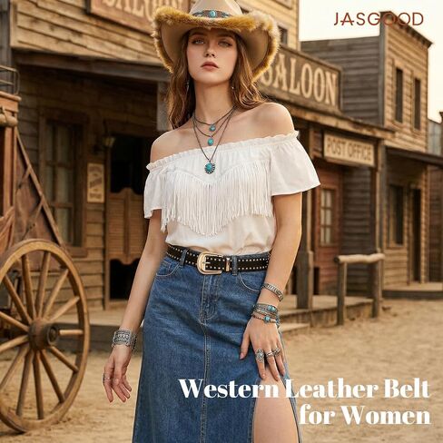 JASGOOD Women Leather Belt with Gold Buckle Western Studded Belts for Jeans Ladies Cowgirl Punk Waist Belts 1.1" Width in Kuwait