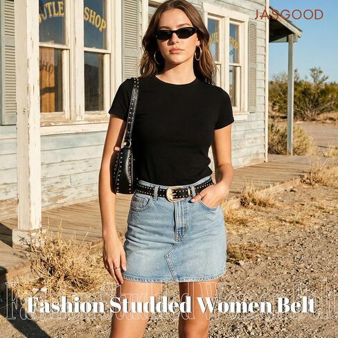 JASGOOD Women Leather Belt with Gold Buckle Western Studded Belts for Jeans Ladies Cowgirl Punk Waist Belts 1.1" Width in Kuwait