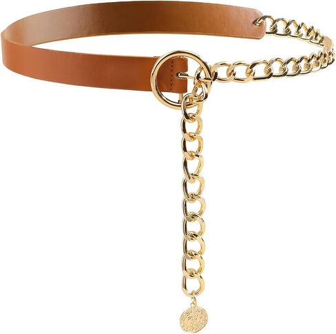 Women's Leather Belt with Gold Chain, Stylish Waist Belt with Coin Charm for Jeans Dresses and Coats in Kuwait