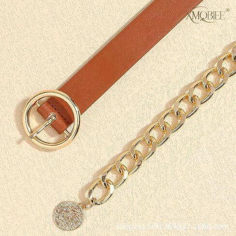 Women's Leather Belt with Gold Chain, Stylish Waist Belt with Coin Charm for Jeans Dresses and Coats in Kuwait