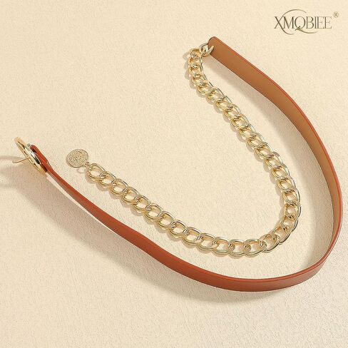 Women's Leather Belt with Gold Chain, Stylish Waist Belt with Coin Charm for Jeans Dresses and Coats in Kuwait