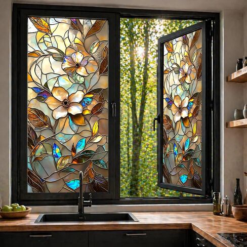 Removable Reusable Window Privacy Film 17.5 x 39.4 Inches, Static Cling No Glue No Residue, Amber Floral Mosaic Stained Glass Design, Daytime Privacy, Easy Trim and Apply, Fits Curved Glass in Saudi Arabia