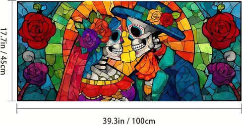 HOMETITUTE Day of The Dead Window Film 39.3x17.7 بوصة هيكل عظمي للهالوين زوجين من الزجاج الملون نافذة ملصق Día de Los Muertos نافذة ملصق لباب زجاجي ديكور جمجمة السكر المكسيكي in Kuwait