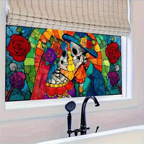 HOMETITUTE Day of The Dead Window Film 39.3x17.7 بوصة هيكل عظمي للهالوين زوجين من الزجاج الملون نافذة ملصق Día de Los Muertos نافذة ملصق لباب زجاجي ديكور جمجمة السكر المكسيكي in Kuwait