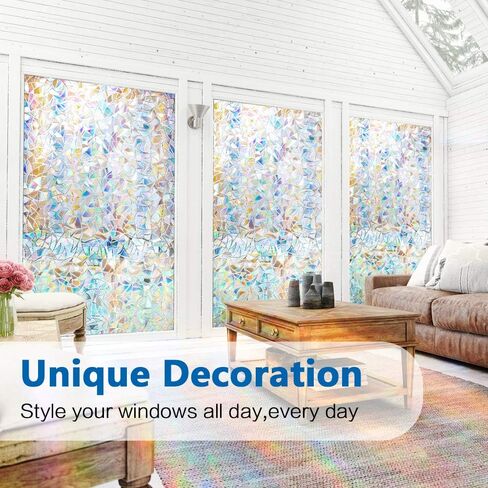 Window Privacy Film 3D Decorative Half Moon Stained Glass Window Cling Anti-UV Window Films No Glue Static Window Film Removable Window Stickers Rainbow (White, 17.5'' x 78.7'') in Saudi Arabia