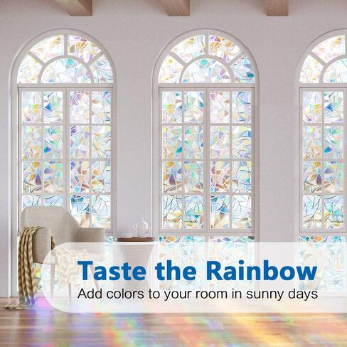 Window Privacy Film 3D Decorative Half Moon Stained Glass Window Cling Anti-UV Window Films No Glue Static Window Film Removable Window Stickers Rainbow (White, 17.5'' x 78.7'') in Saudi Arabia