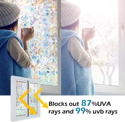 Window Privacy Film 3D Decorative Half Moon Stained Glass Window Cling Anti-UV Window Films No Glue Static Window Film Removable Window Stickers Rainbow (White, 17.5'' x 78.7'') in Saudi Arabia