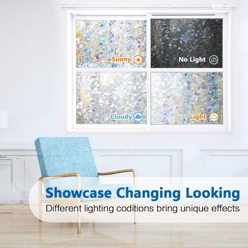Window Privacy Film 3D Decorative Half Moon Stained Glass Window Cling Anti-UV Window Films No Glue Static Window Film Removable Window Stickers Rainbow (White, 17.5'' x 78.7'') in Saudi Arabia