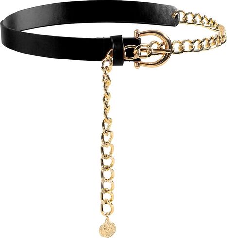 Women's Leather Belt with Gold Chain, Stylish Waist Belt with Coin Charm for Jeans Dresses and Coats in Kuwait
