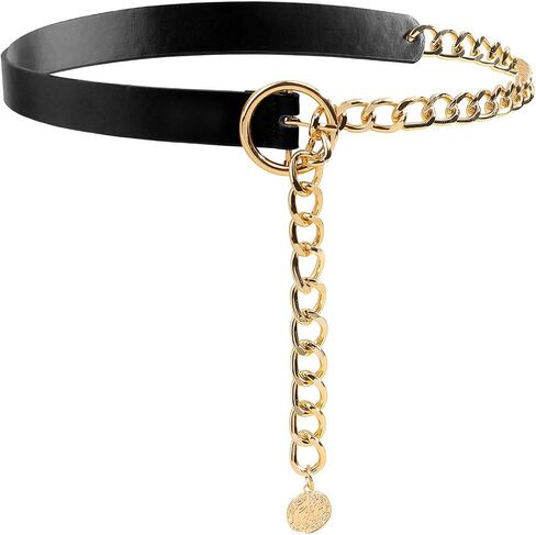 Women's Leather Belt with Gold Chain, Stylish Waist Belt with Coin Charm for Jeans Dresses and Coats in Kuwait