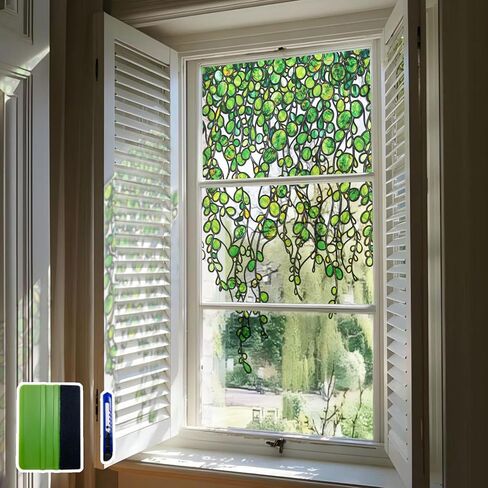 Original Hand Drawn Faux Stained Glass Window Hanging Clings with Tools，Double Sided See Through Green Window Film Floral for Living Room,Glass Front Door,Green Pearl Vine 15.75"X31.50" in Saudi Arabia