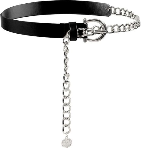 Women's Leather Belt with Gold Chain, Stylish Waist Belt with Coin Charm for Jeans Dresses and Coats in Kuwait