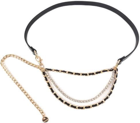 Women's Leather Belt with Gold Chain, Stylish Waist Belt with Coin Charm for Jeans Dresses and Coats in Kuwait