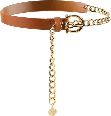 Women's Leather Belt with Gold Chain, Stylish Waist Belt with Coin Charm for Jeans Dresses and Coats in Kuwait