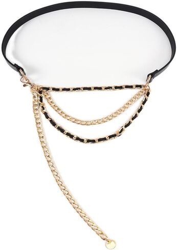 Women's Leather Belt with Gold Chain, Stylish Waist Belt with Coin Charm for Jeans Dresses and Coats in Kuwait