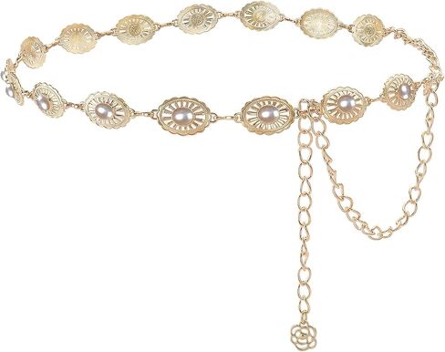 Women's Leather Belt with Gold Chain, Stylish Waist Belt with Coin Charm for Jeans Dresses and Coats in Kuwait