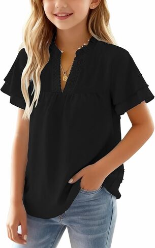 Girls Cute Summer Tops Ruffle Short Sleeve T Shirts Casual V Neck Dot Blouses 7-14 Years in Saudi Arabia