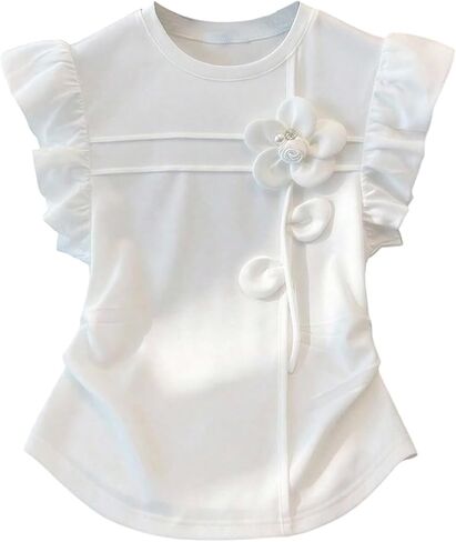 SOLY HUX Girl's 3D Floral Cute Summer Top Ruffle Sleeve Crew Neck Fitted T Shirts Aesthetic Clothes in Kuwait