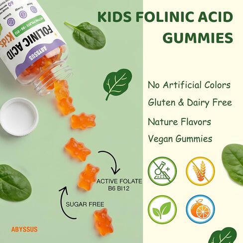 ABYSSUS Kids Folinic Acid Gummies with Active B6 (P5P) & Methyl B12 - Brain, Focus, Energy & Healthy Growth Support, Folate Methylation Supplement, Sugar-Free, Non-GMO, 60 Gummies in Saudi Arabia