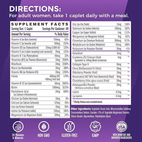 Vitamin World Ultra 360 Multivitamin for Women One Daily, Women's Multivitamin with Collagen, Ashwagandha & Antioxidants, Supplement with Vitamin A, B, C & D for Energy & Immune Support, 90 Caplets in Saudi Arabia