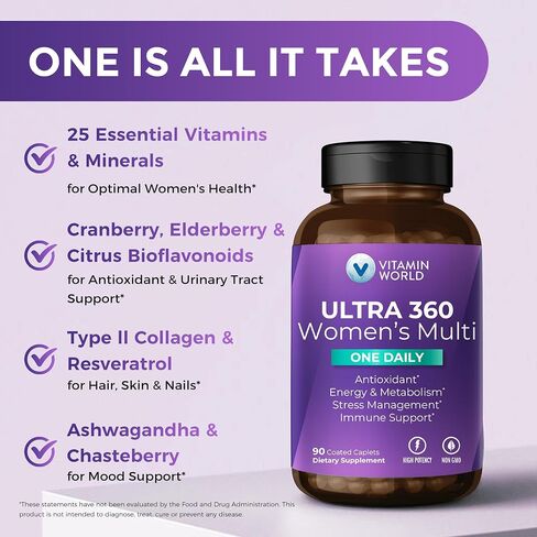 Vitamin World Ultra 360 Multivitamin for Women One Daily, Women's Multivitamin with Collagen, Ashwagandha & Antioxidants, Supplement with Vitamin A, B, C & D for Energy & Immune Support, 90 Caplets in Saudi Arabia