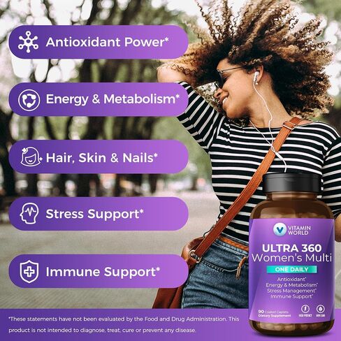 Vitamin World Ultra 360 Multivitamin for Women One Daily, Women's Multivitamin with Collagen, Ashwagandha & Antioxidants, Supplement with Vitamin A, B, C & D for Energy & Immune Support, 90 Caplets in Saudi Arabia