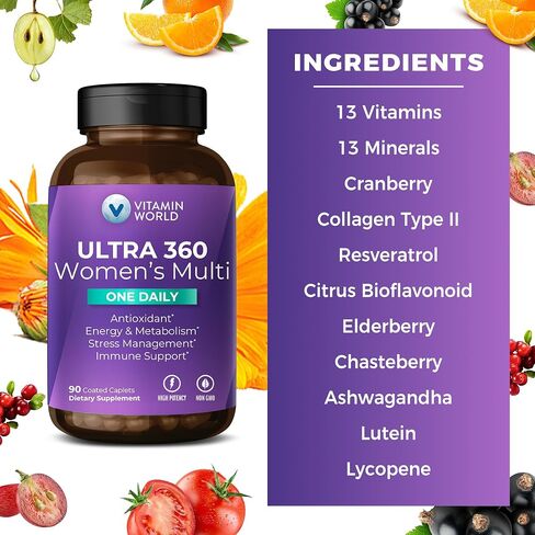 Vitamin World Ultra 360 Multivitamin for Women One Daily, Women's Multivitamin with Collagen, Ashwagandha & Antioxidants, Supplement with Vitamin A, B, C & D for Energy & Immune Support, 90 Caplets in Saudi Arabia
