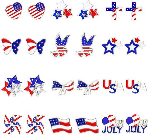 24 Pieces Patriotic American Flag Earrings for Women 4th of July Heart Star Butterfly USA Flag Earrings Independence Day Jewelry Accessories in Kuwait