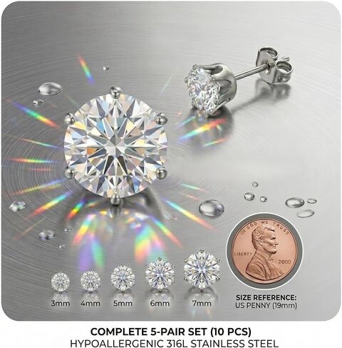 ToHeart 5 Pairs Cubic Zirconia Stud Earrings Set, Hypoallergenic 316L Earrings Stainless Steel CZ Earrings for Women in Kuwait