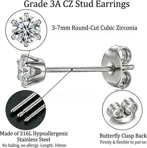 ToHeart 5 Pairs Cubic Zirconia Stud Earrings Set, Hypoallergenic 316L Earrings Stainless Steel CZ Earrings for Women in Kuwait