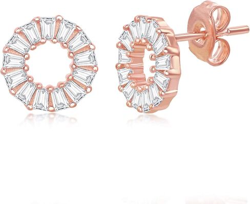 Open Circle Baguette Cubic Zirconia Silver/Rose Gold Plated Sterling Silver Stud Earrings Jewelry for Women or Teens in Kuwait