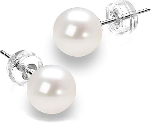Round White Freshwater Cultured Pearl Stud Earrings, Sterling Silver 18K Gold Plated Hypoallergenic Earring Studs Jewelry For Women- AAAA Quality in Saudi Arabia