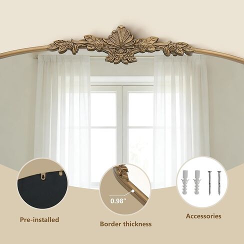 Besdomus Antique Arched Gold Mirror: 40"x30" Vintage Brass Metal Framed Wall Mirror - Baroque Traditional Ornate for Living Room/Fireplace/Bathroom- Home Decor for Homemakers in Saudi Arabia