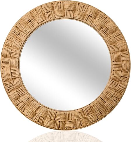 Sabary 30 Inch Rattan Wall Mirror Round Rope Boho Mirror Wicker Chequered Handwoven Natural Rustic Beachy Coastal Decorative for Bathroom, Bedroom, Living Room, Entryway in Kuwait