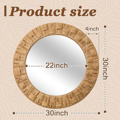 Sabary 30 Inch Rattan Wall Mirror Round Rope Boho Mirror Wicker Chequered Handwoven Natural Rustic Beachy Coastal Decorative for Bathroom, Bedroom, Living Room, Entryway in Kuwait