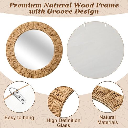 Sabary 30 Inch Rattan Wall Mirror Round Rope Boho Mirror Wicker Chequered Handwoven Natural Rustic Beachy Coastal Decorative for Bathroom, Bedroom, Living Room, Entryway in Kuwait