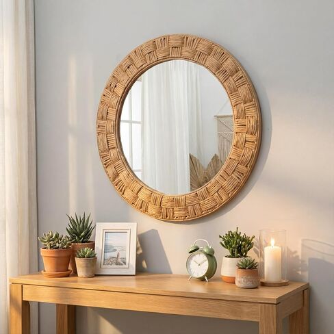 Sabary 30 Inch Rattan Wall Mirror Round Rope Boho Mirror Wicker Chequered Handwoven Natural Rustic Beachy Coastal Decorative for Bathroom, Bedroom, Living Room, Entryway in Kuwait