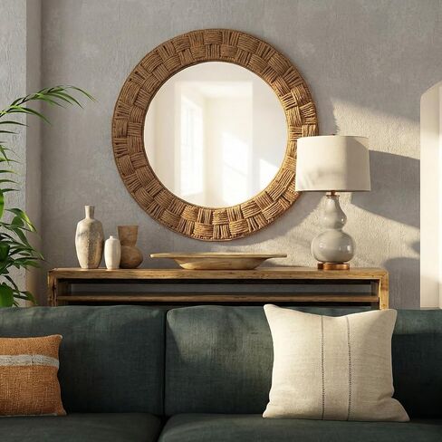 Sabary 30 Inch Rattan Wall Mirror Round Rope Boho Mirror Wicker Chequered Handwoven Natural Rustic Beachy Coastal Decorative for Bathroom, Bedroom, Living Room, Entryway in Kuwait