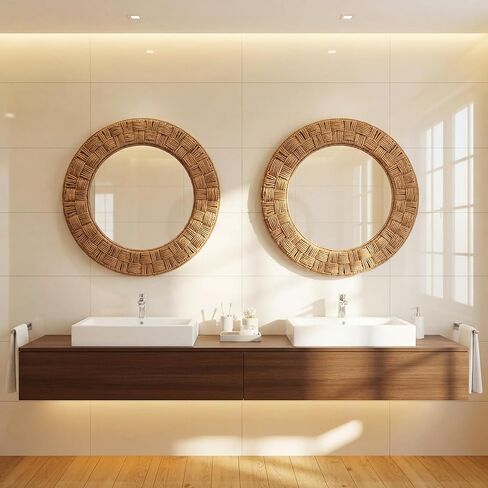 Sabary 30 Inch Rattan Wall Mirror Round Rope Boho Mirror Wicker Chequered Handwoven Natural Rustic Beachy Coastal Decorative for Bathroom, Bedroom, Living Room, Entryway in Kuwait