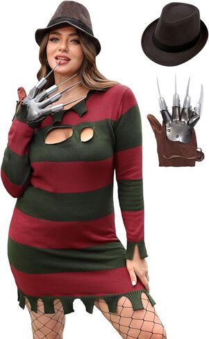 For G and PL Women's Halloween 3 Pcs Plus Size Red and Green Striped Costume Knit Sweater Dress with Gloves and Hat in Kuwait