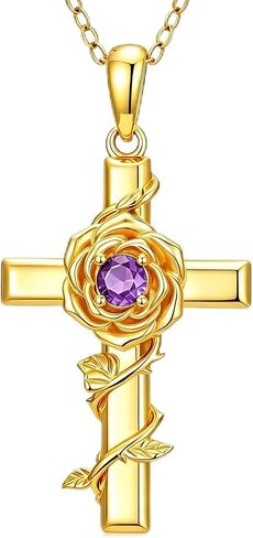 18K Gold Rose Cross Necklace for Women Minimalist Birthstone Flower Cross Pendant Christian Jewelry Religious Gifts(with Gift Box) in Saudi Arabia