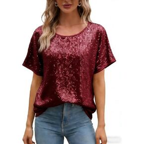 Women Sparkly Sequin Top Short Sleeve Glitter Disco Party Tee Shirts Tunic Blouse in Saudi Arabia