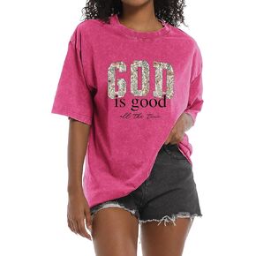 Christian God is Good Shirts for Women Jesus Faith Religious T Shirts Floral Graphic Oversized Acid Washed Tee Tops in Saudi Arabia