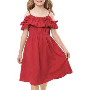 Tween Girls Summer Spaghetti Strap Off the Cold Shoulder Pearl Beads Ruffle Elastic Waist A Line Midi Party Dress for 8-12Y in Saudi Arabia