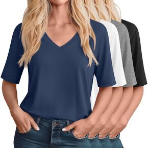 4 Pack Women's Half Sleeve Shirts V Neck Tops Elbow Length T Shirts Basic Solid Color Loose Fit Summer Tees in Kuwait